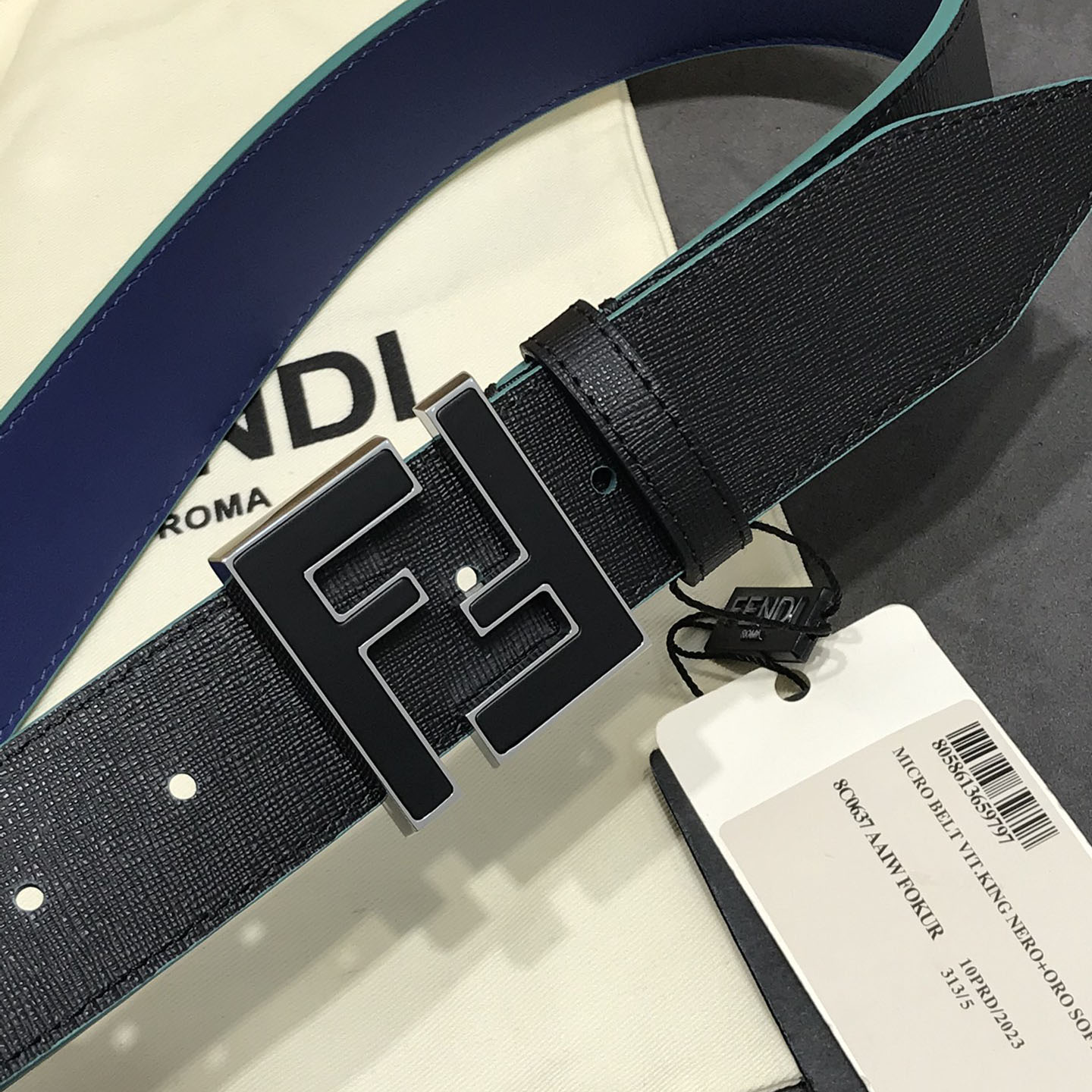 Fendi Men's Square FF Buckle Belt In Black/Blue Calfskin With Silver Hardware 40mm
