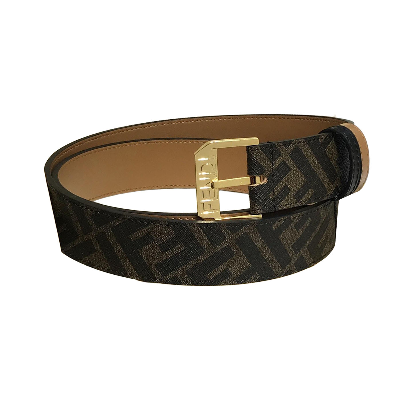 Fendi Men's Square Buckle Belt In Black/Brown Calfskin And Monogram Canvas With Gold/Silver Hardware 35mm