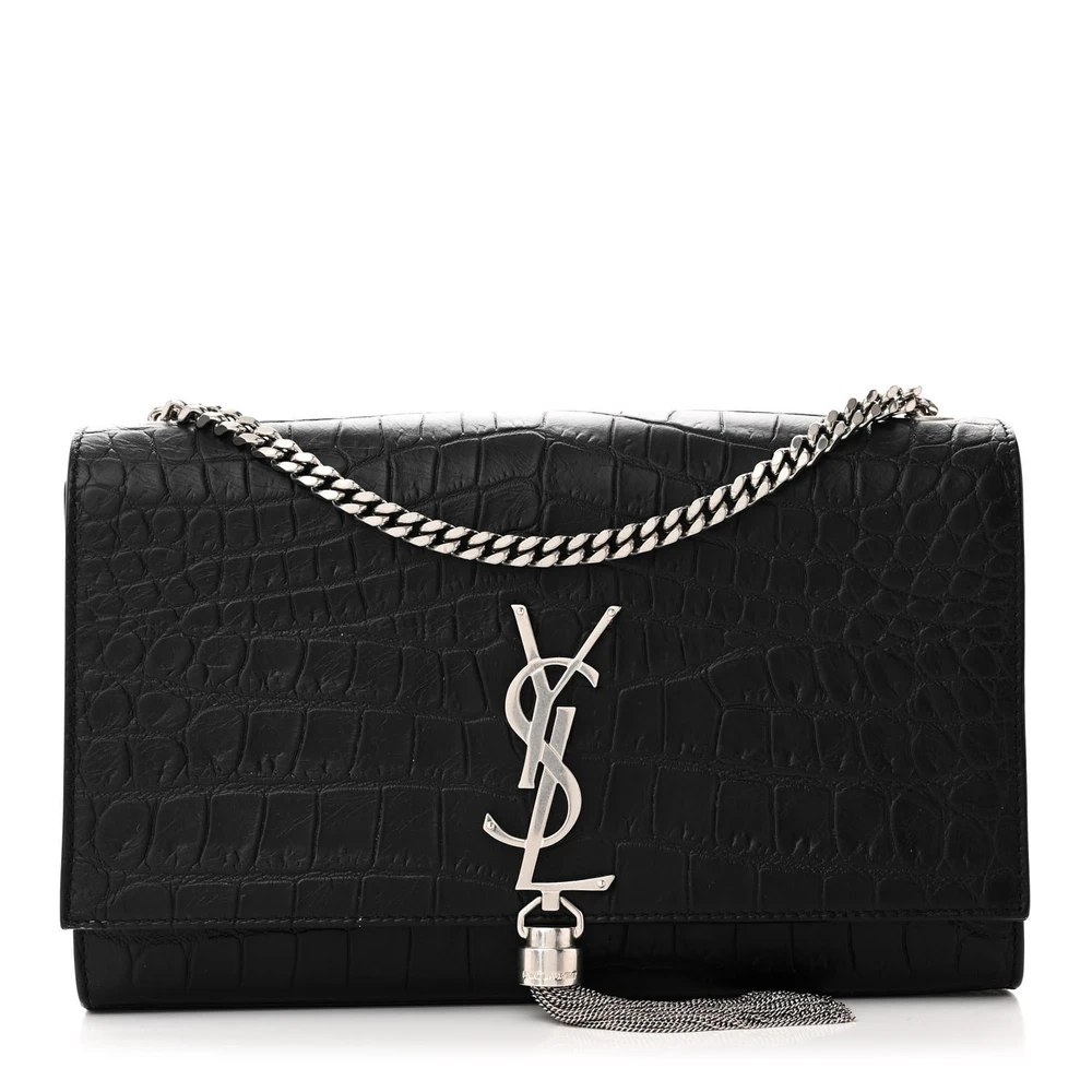 Saint Laurent Medium Kate Tassel Satchel Black Embossed Classic Monogram Calfskin & Crocodile Leather Silver Hardware