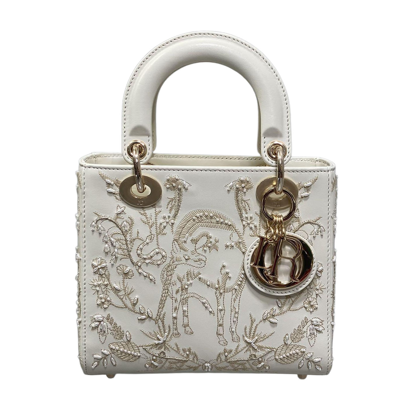Dior Small Lady Dior Bag In White Calfskin Leather and White Satin Embroidered with Beads Light Gold Hardware