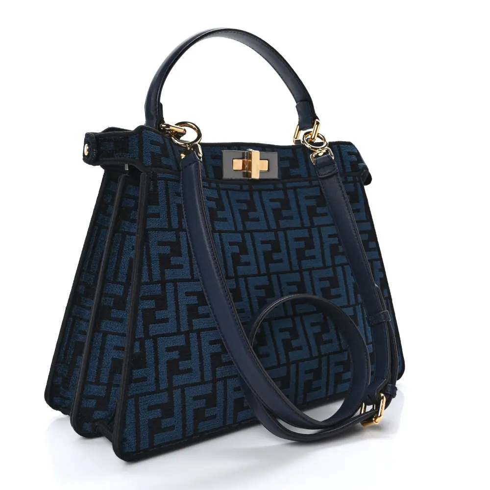 Fendi Medium FF Peekaboo I SEE U Satchel Blue/Black Chenille & Vitello Seta Leather Gold Hardware