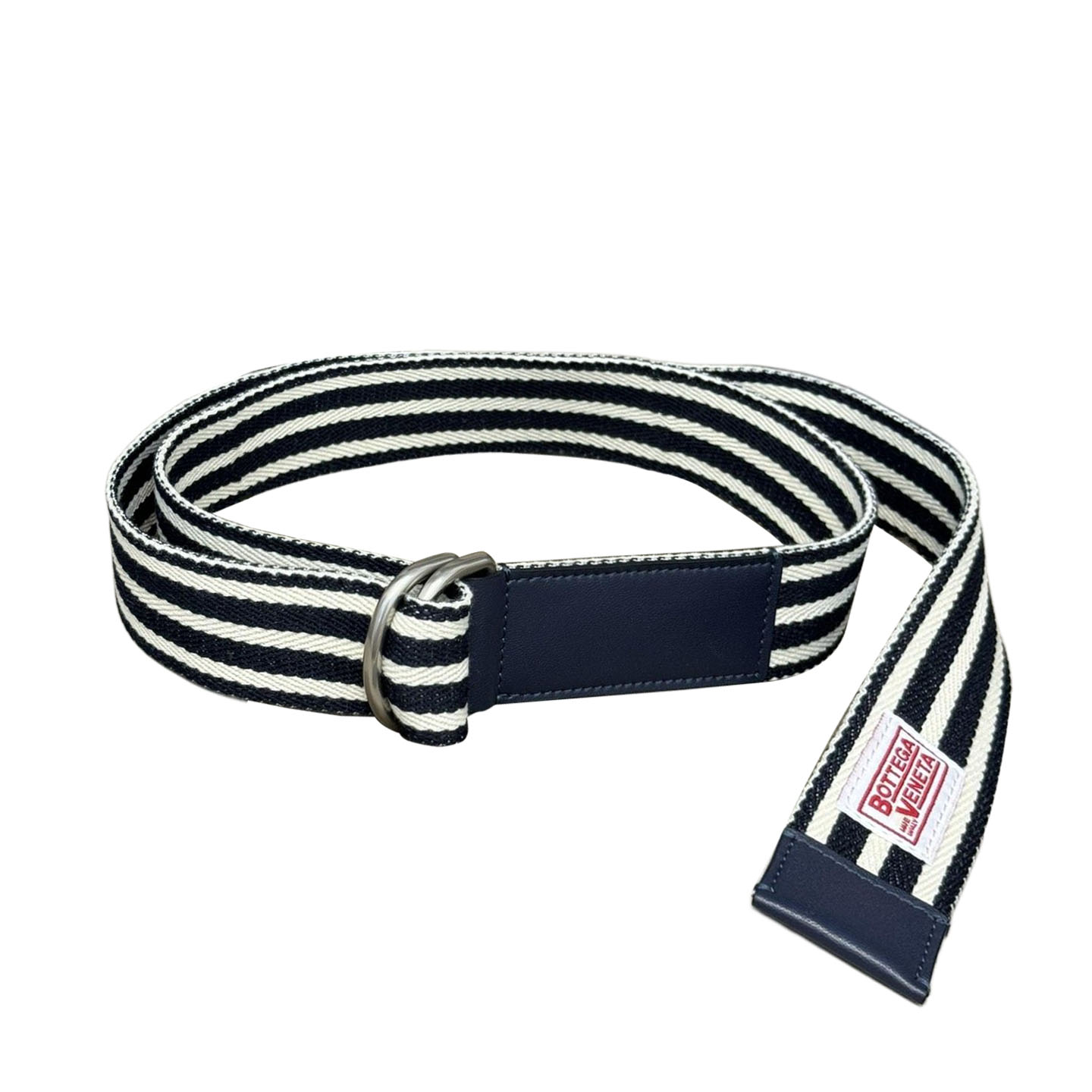 Bottega Veneta Men's Webbing Nastro Belt In Blue/Black Calfskin And Canvas With Silver Hardware 38mm