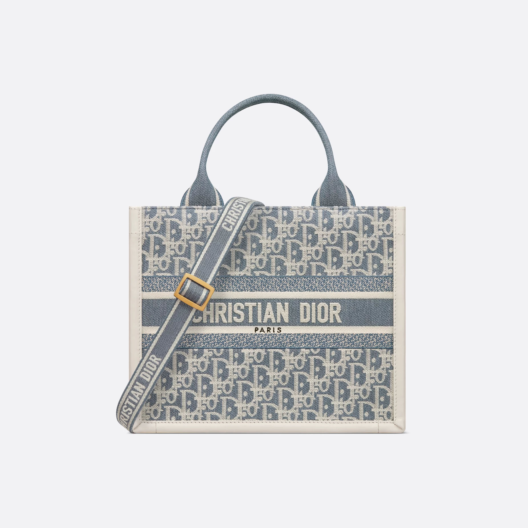 Dior Small Dior Book Tote In Blue Dior Oblique Chambray-Effect Embroidery Canvas and Calfskin Gold Hardware