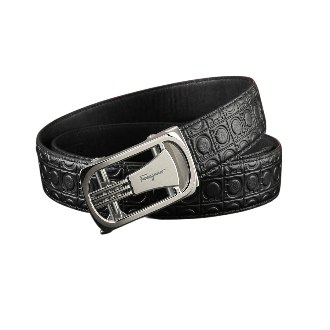 Ferragamo Men's Square Buckle Belt In Black Gancini Monogram Calfskin With Gold/Silver Hardware 35mm