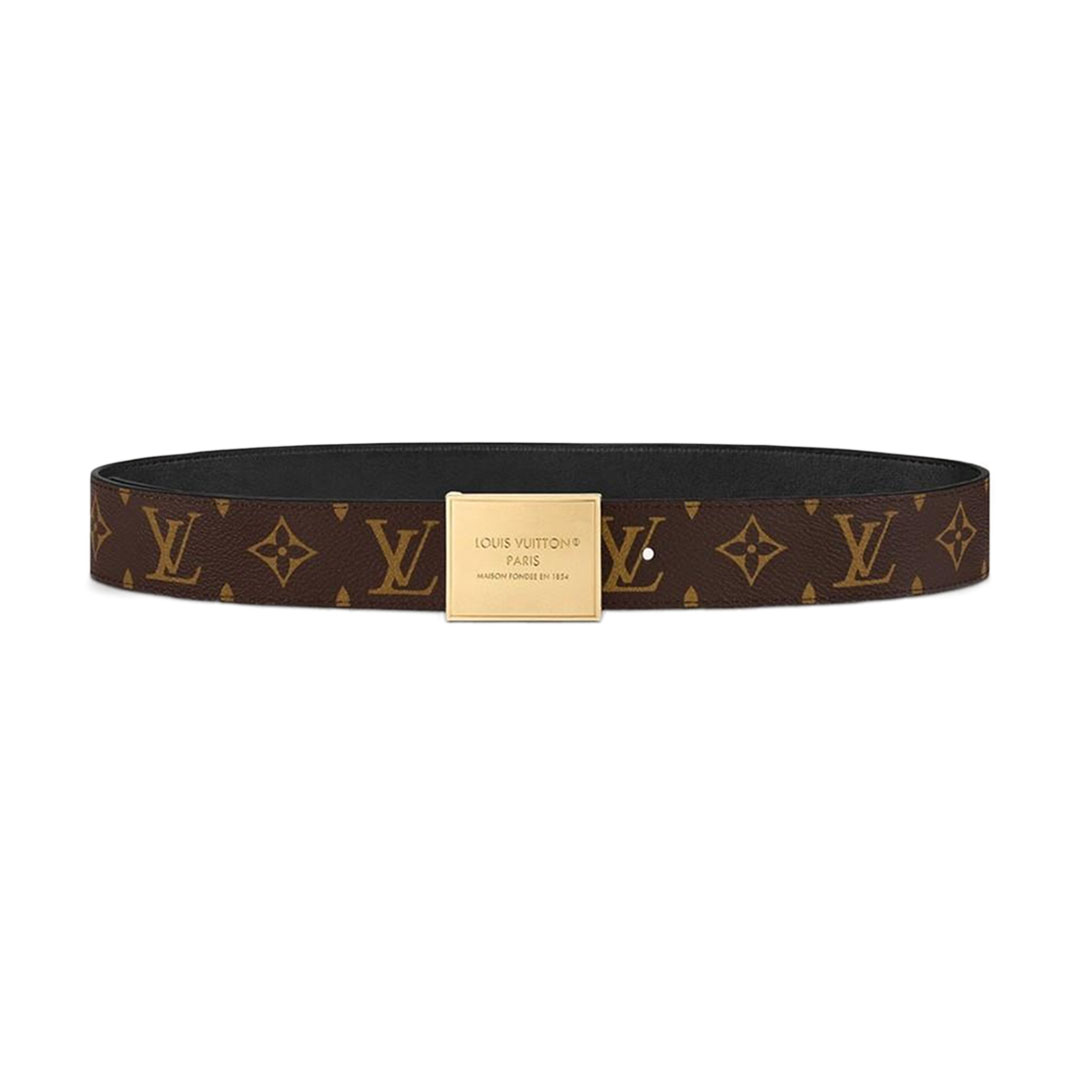 Louis Vuitton Women's Square Buckle Reversible Belt In Black Calfskin And Monogram Canvas With Gold Hardware 35mm