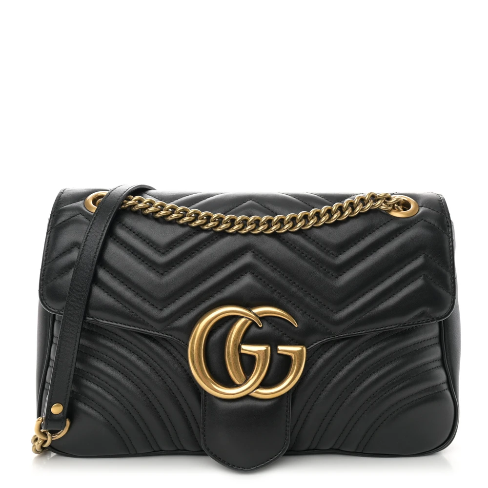 Gucci Medium GG Marmont Shoulder Bag Black Calfskin Matelassé Leather Antique Gold Hardware