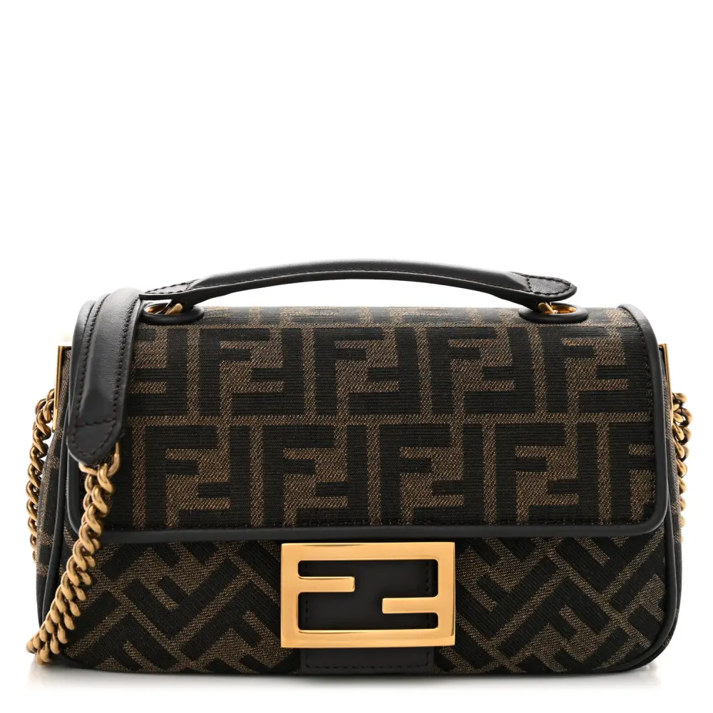 Fendi FF 1974 Midi Chain Baguette Tobacco/Moro Jacquard Fabric Aged Gold Hardware