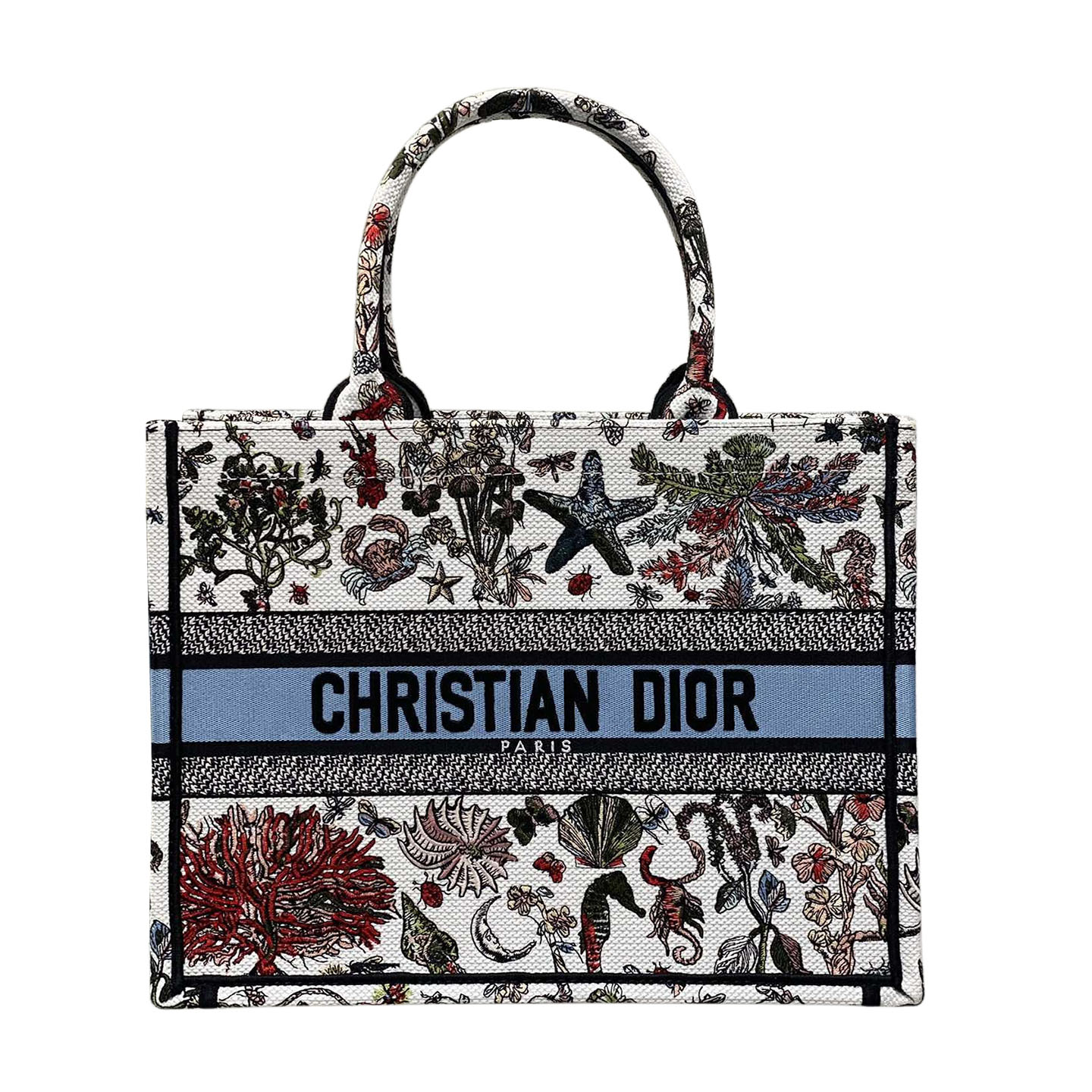 Dior Medium Dior Book Tote In White/Beige Embroidery with Multicolor Dior Cabinet de Curiosités Motif