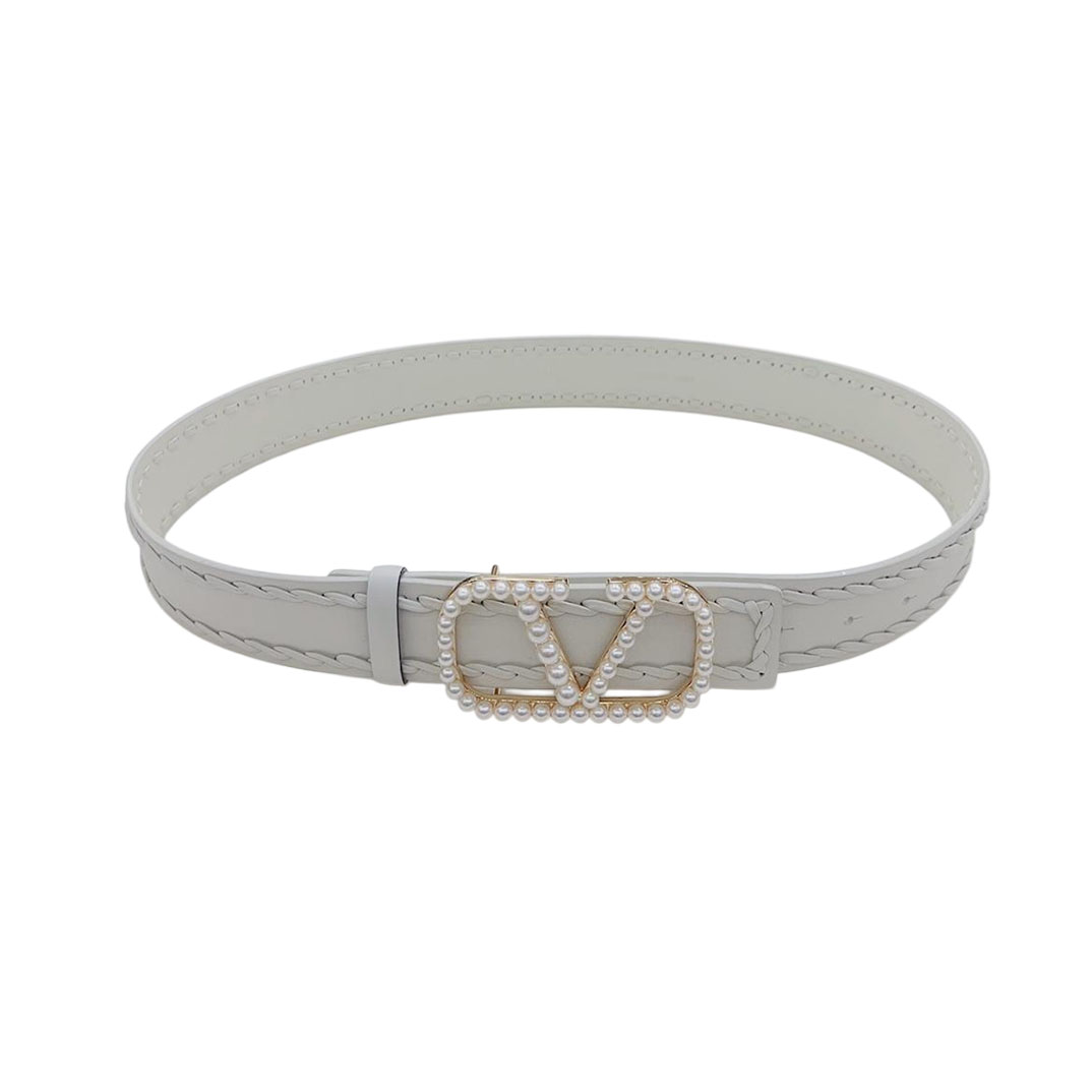 Valentino V Buckle With Pearls Belt In White/Red/Black/Pink Calfskin With Gold Hardware 40mm