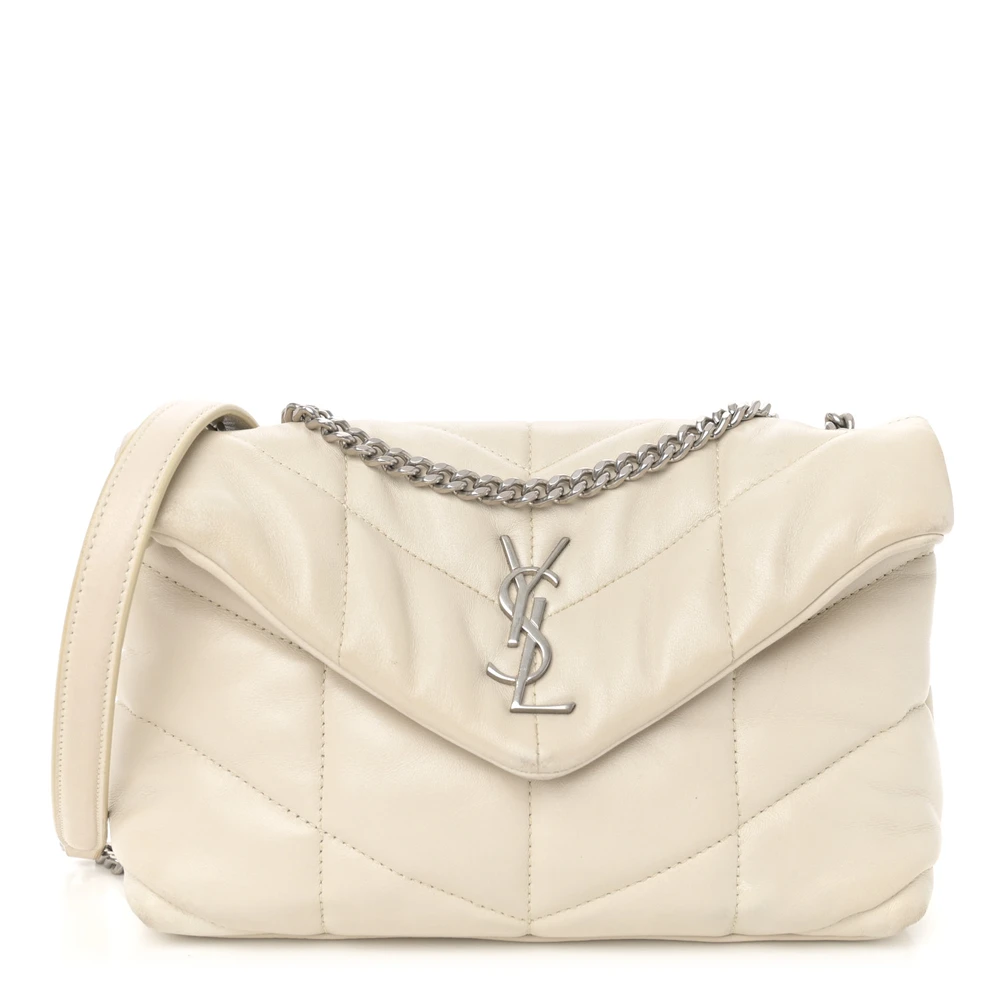 Saint Laurent Mini Loulou Chain Satchel Crema Soft Quilted Puffer Monogram Lambskin Leather Silver Hardware