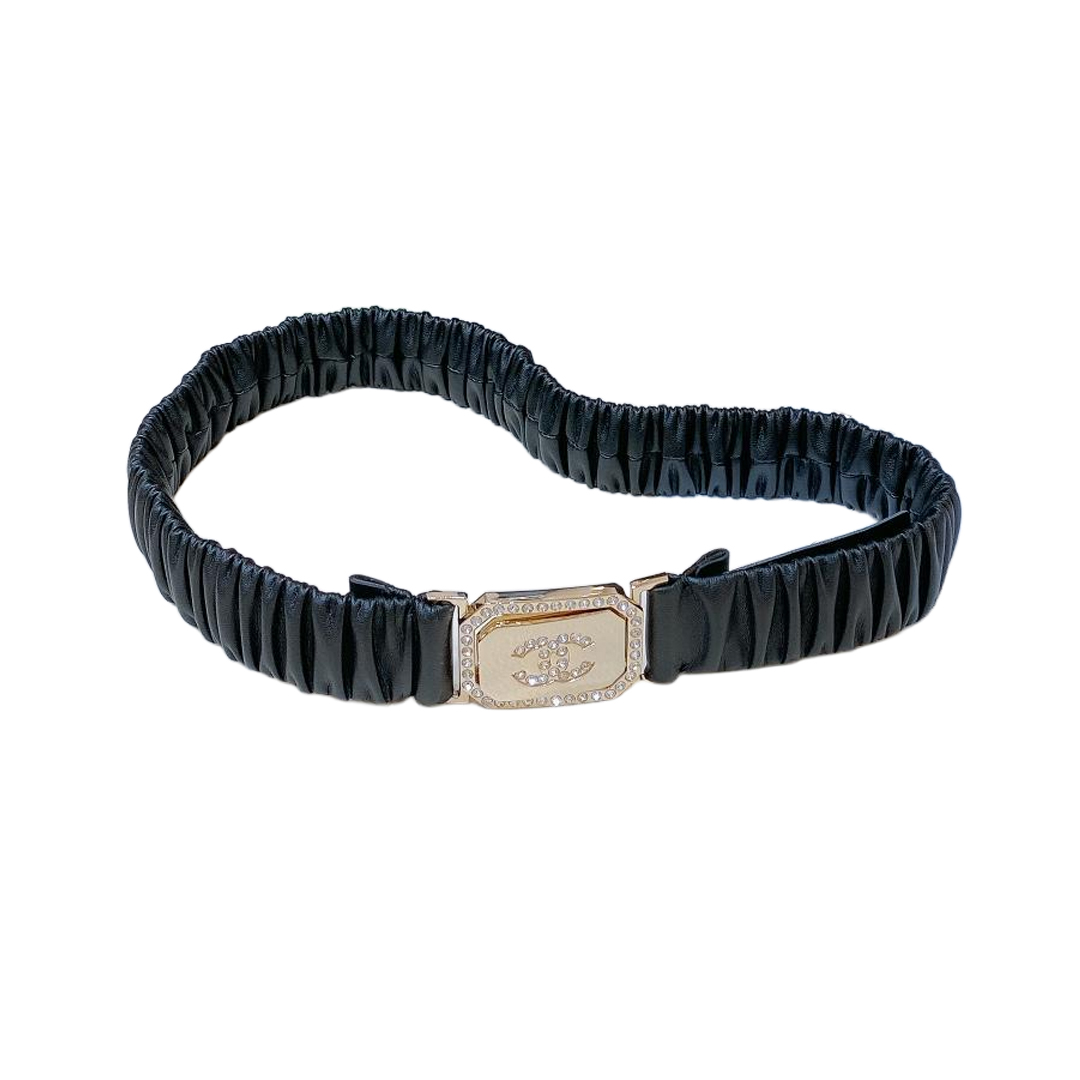 Chanel 23S Women's Crystal Rectangle Buckle Elastic Belt In Black Calfskin With Light Gold Hardware 30mm