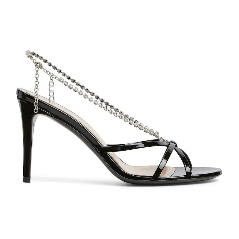 Gucci black crystal chain round head high heels sandal