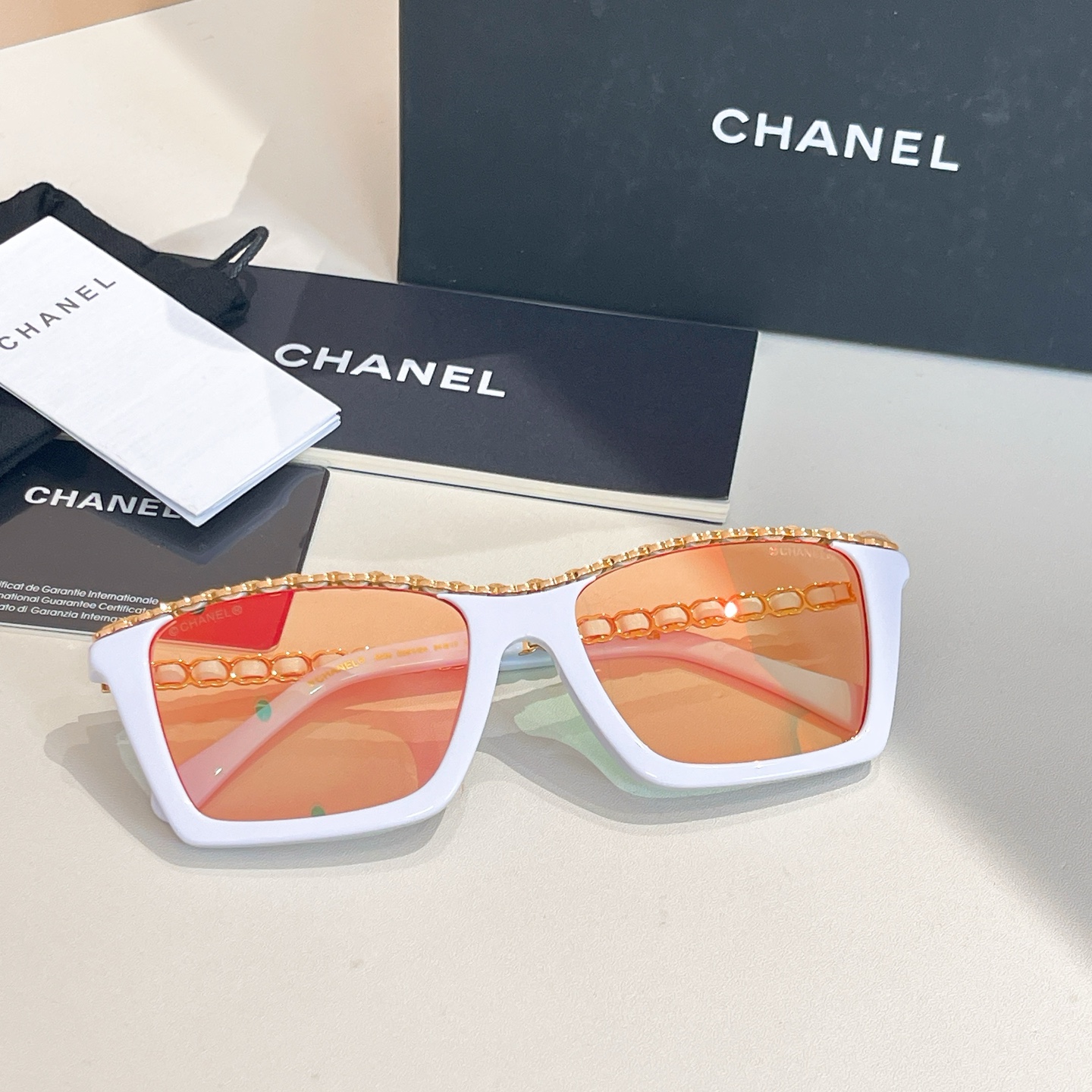 CHANEL square frame glasses white orange color SIZE 54口17-145