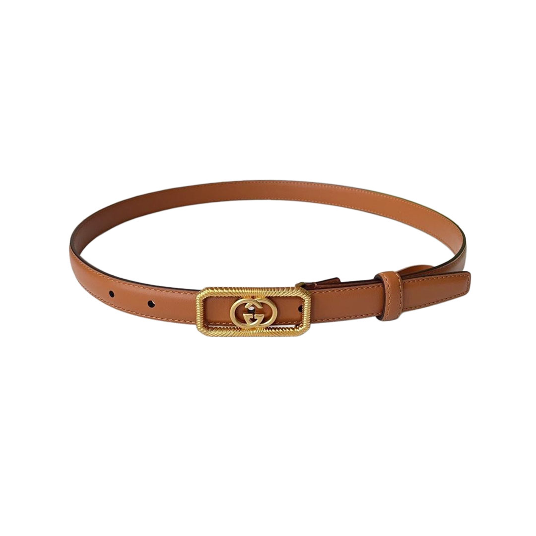 Gucci Women's Square Buckle Belt In Brown/Black Smooth Calfskin With Gold Hardware 20mm