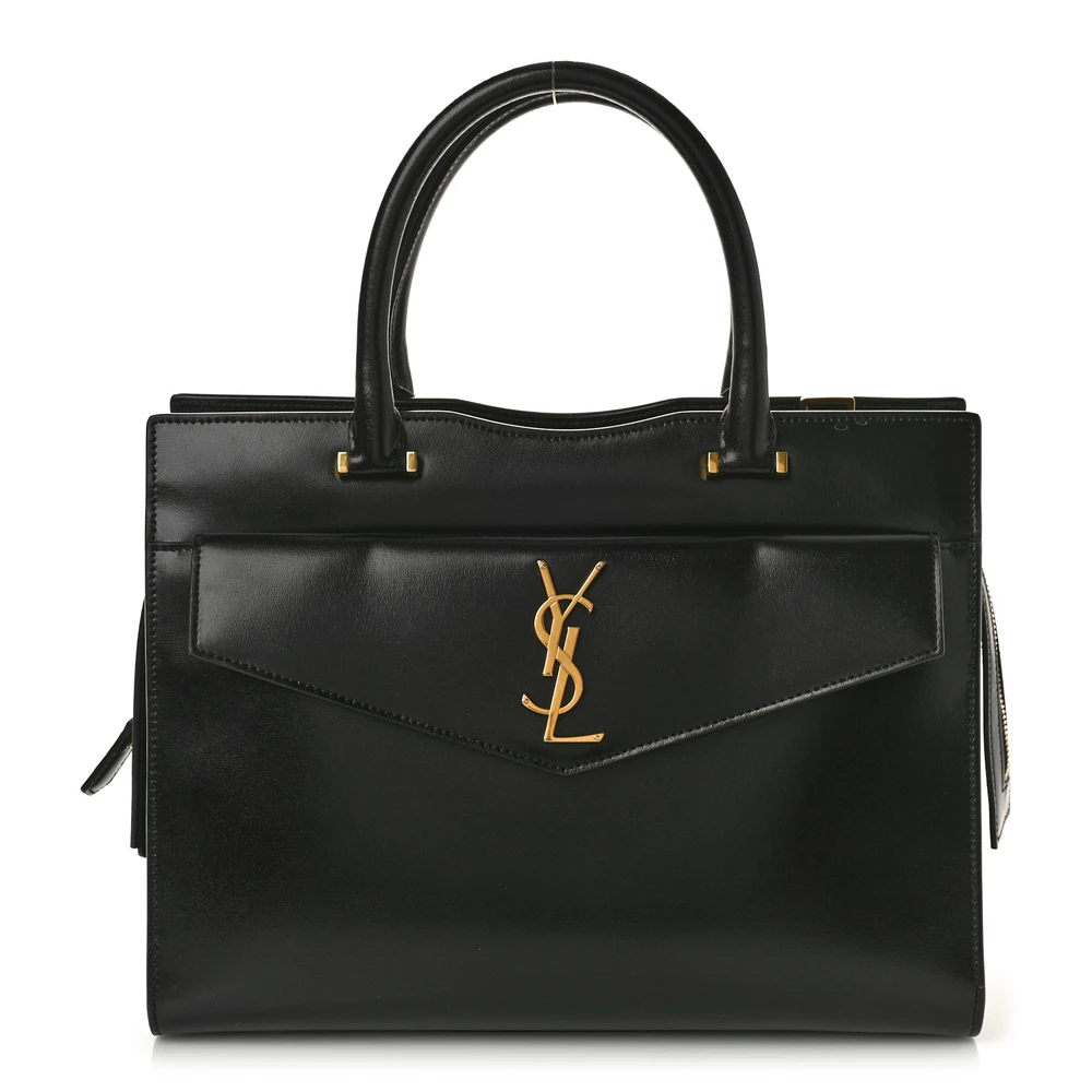 Saint Laurent Medium Uptown Tote Black Shiny Calfskin Leather Gold Hardware