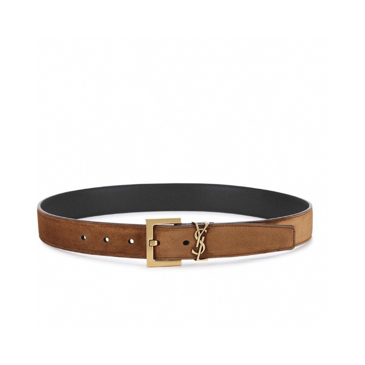 Saint Laurent Cassandre Belt In Brown Suede Leather With Gold Hardware 30mm