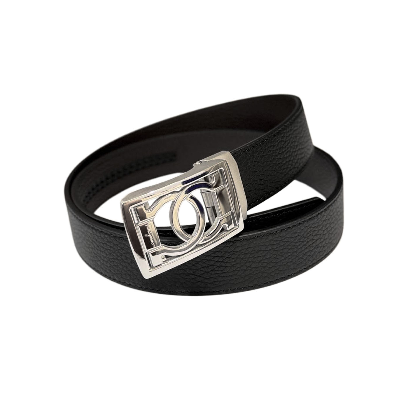 Ferragamo Men's Square Buckle Belt In Black Smooth Calfskin With Gold/Silver Hardware 35mm