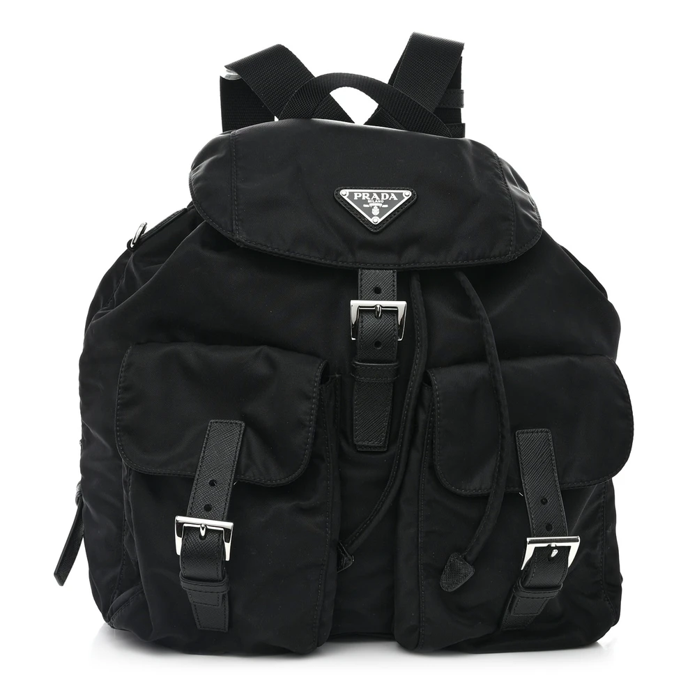 Prada Medium Backpack Black Re-Nylon & Saffiano Leather Silver Hardware