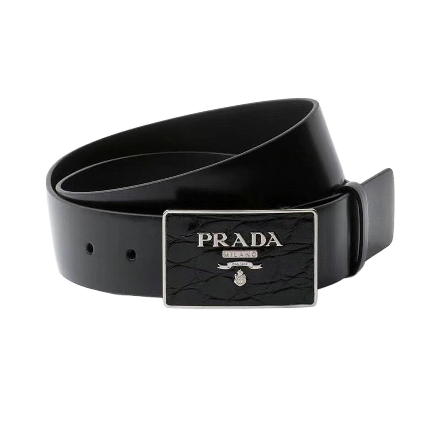 Prada Men' s Square Buckle Belt In Black Calfskin With Gold/Silver Hardware 35mm