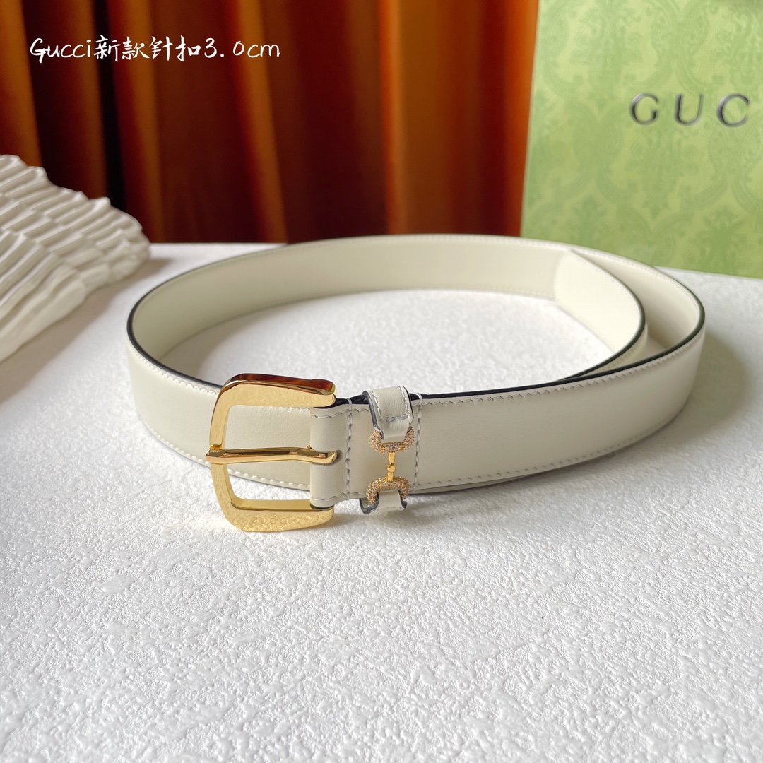 Gucci Women's Square Buckle With Beading Horsebit Thin Belt In White/Black Smooth Calfskin With Gold/Silver Hardware 30mm