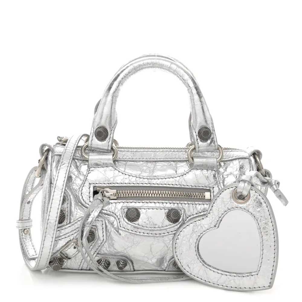 Balenciaga Crystal Neo Nano Cagole Handbag Silver Agneau Arena Leather Silver Hardware