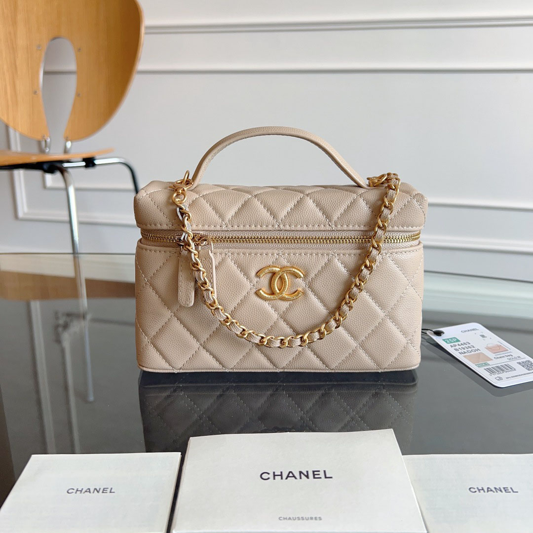 Chanel Apricot color / Yellow / Pink / white / Grey / Black  Quilted Caviar Leather handle makeup bag handbag