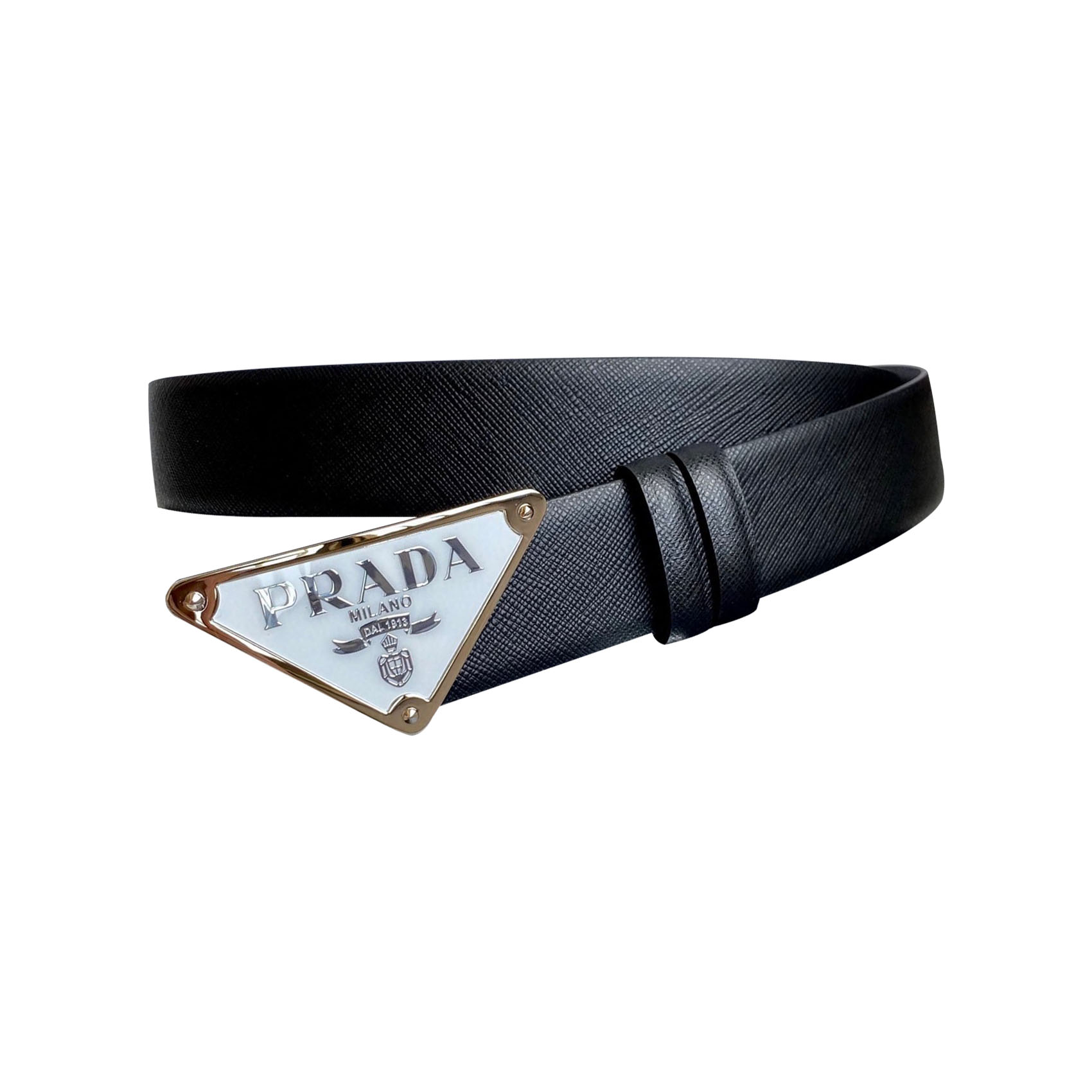 Prada Men' s Triangled Buckle Belt In Black/Brown/White/Blue Saffiano Calfskin With Gold/Silver Hardware 35mm