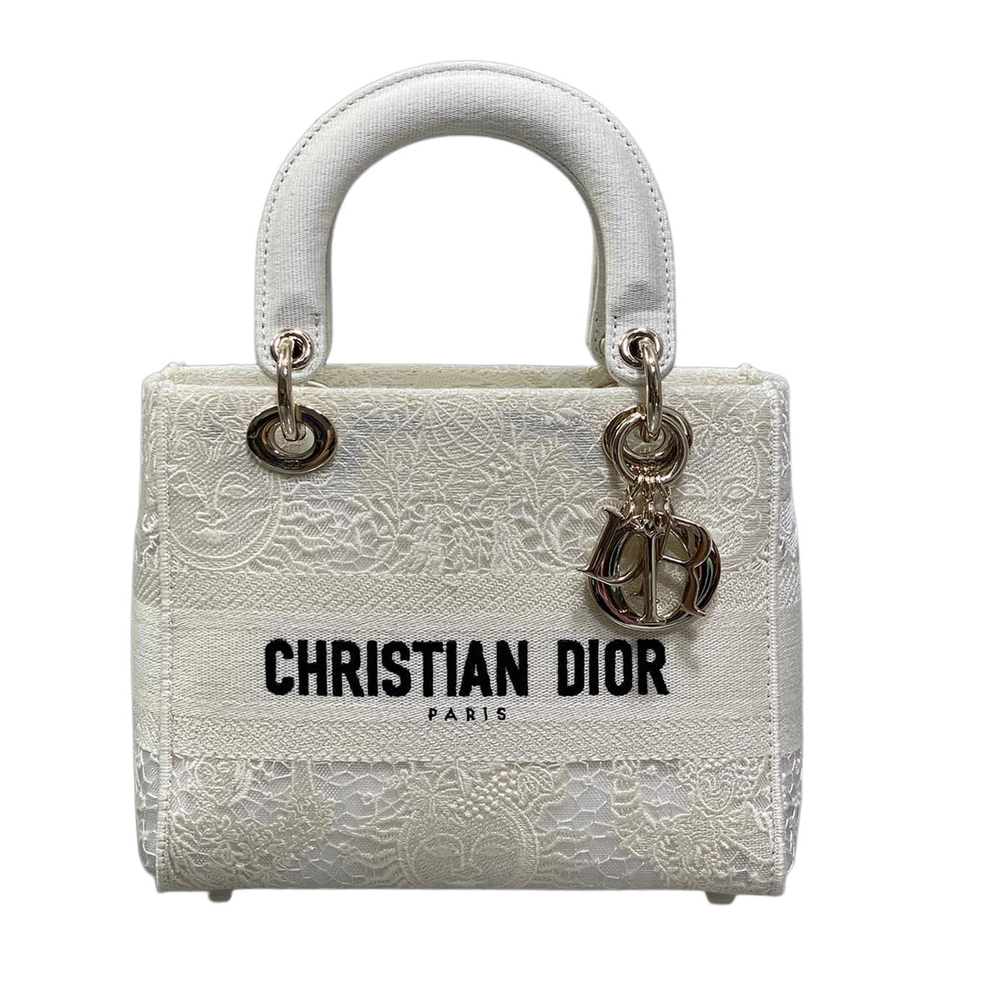 Dior Medium Lady D-Lite In White/Black Lace Embroidered Canvas Gold Hardware