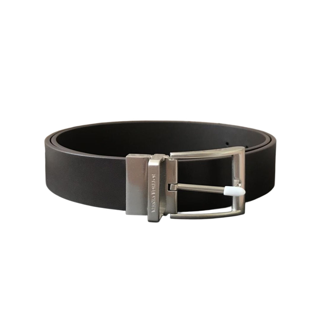 Bottega Veneta Men's  Square Buckle Belt In Coffee/Black Calfskin With Silver Hardware 35mm
