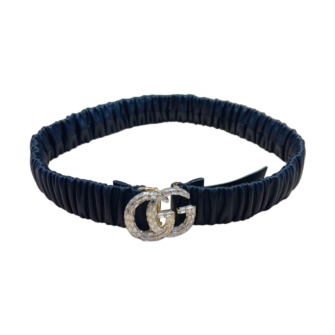 Gucci Women's GG Buckle With Crystals Elastic Belt In Black Calfskin With Silver Hardware 30mm/40mm