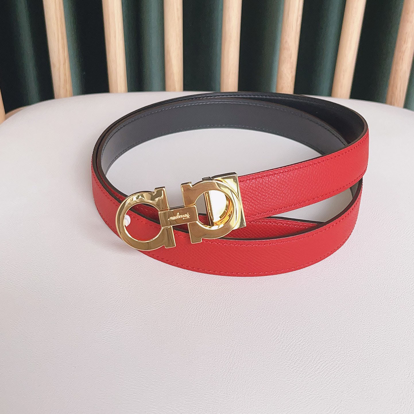 Ferragamo Women's Double Gancini Reversible Belt In Red/Grey/Orange/Brown/Black Epsom Leather With Gold/Silver Hardware 25mm