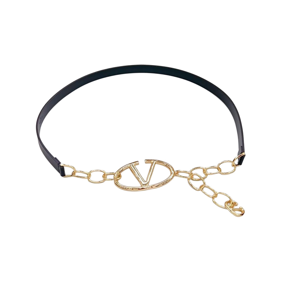 Valentino V Buckle Chain Belt In Black/White/Nude Calfskin With Gold Hardware