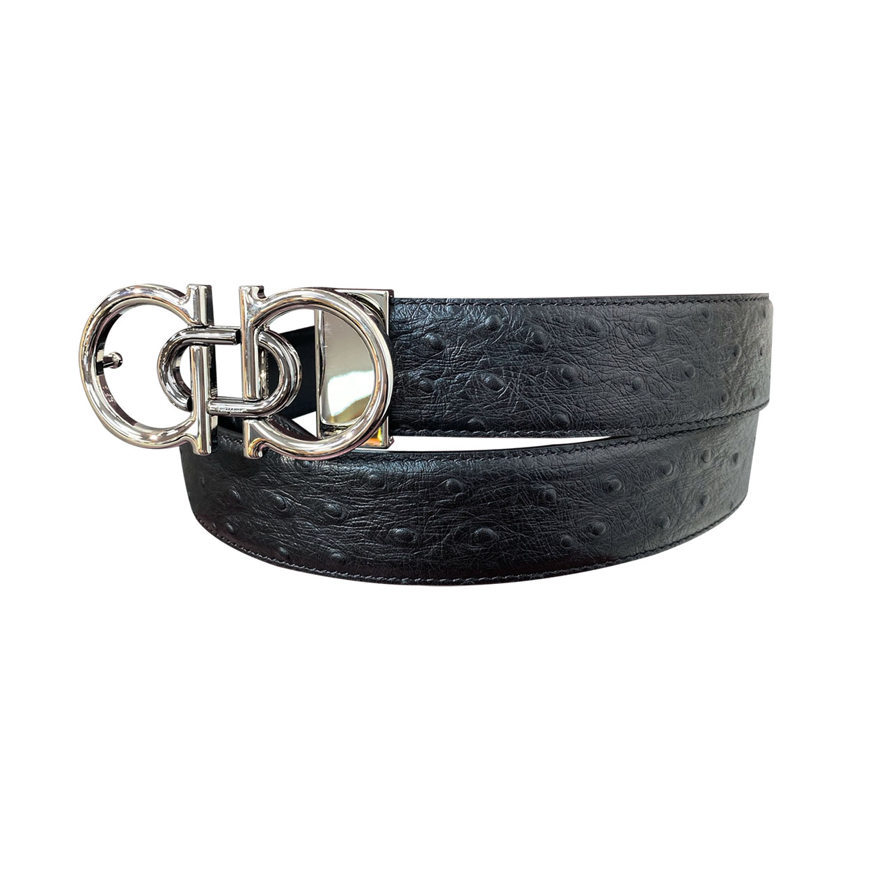 Ferragamo Men's Double Gancini Buckle Belt In Black Ostrich Grain Calfskin With Gold/Silver Hardware 35mm