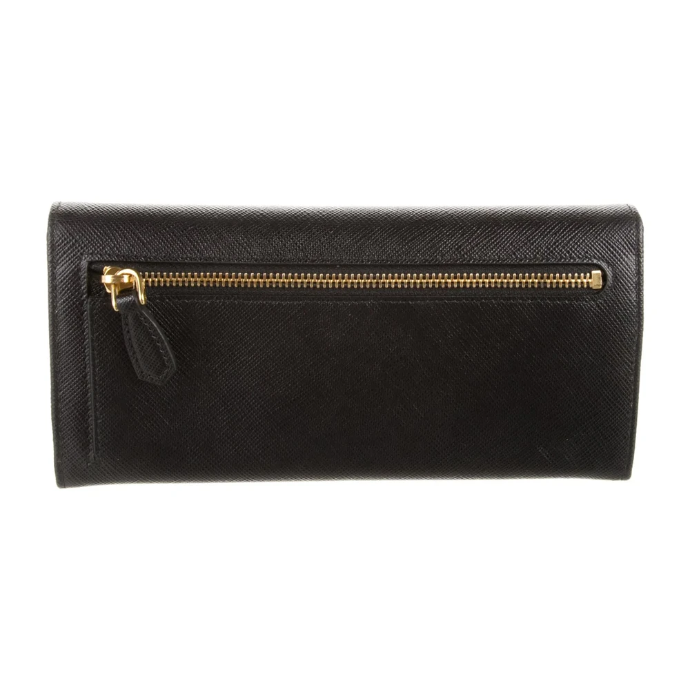 Prada Large Continental Wallet Black Saffiano Metal Leather Gold Hardware