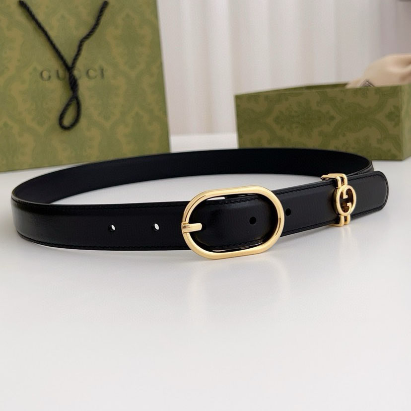 Gucci Women's Oval Belt In Black/White Calfskin With Gold Hardware 25mm