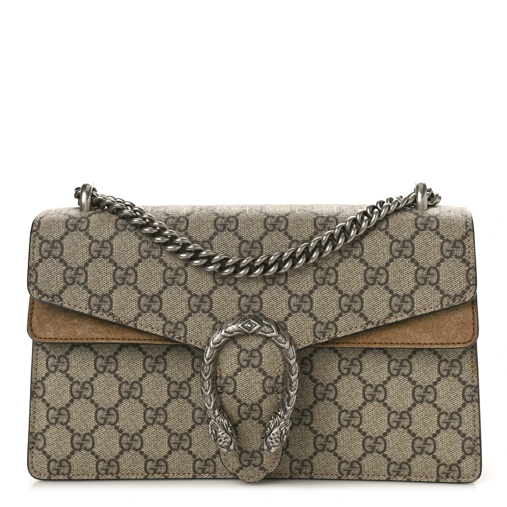 Gucci Small Dionysus Shoulder Bag Taupe GG Supreme Monogram Canvas Aged Silver Hardware