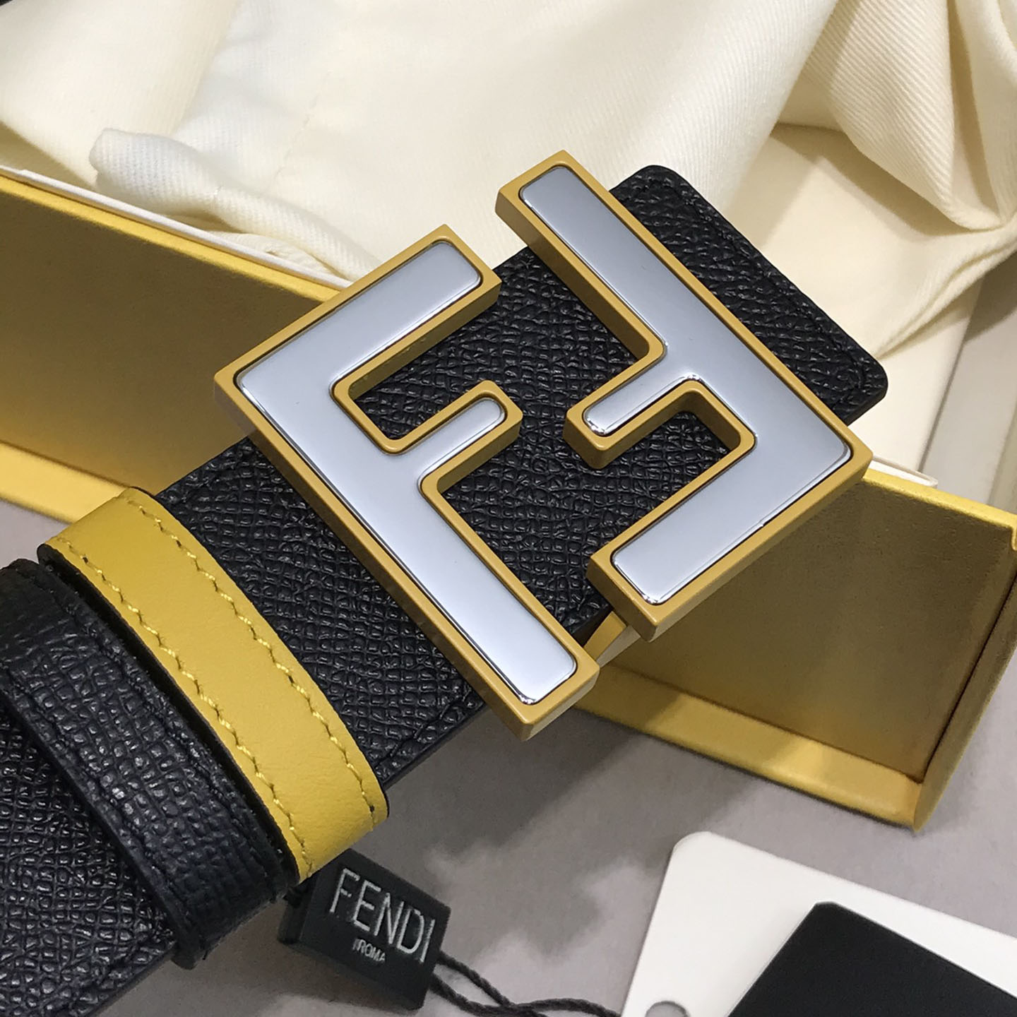 Fendi Men's Rounded FF Reversible Belt In Black/Yellow/Grey/Blue Calfskin With Silver Hardware 38MM