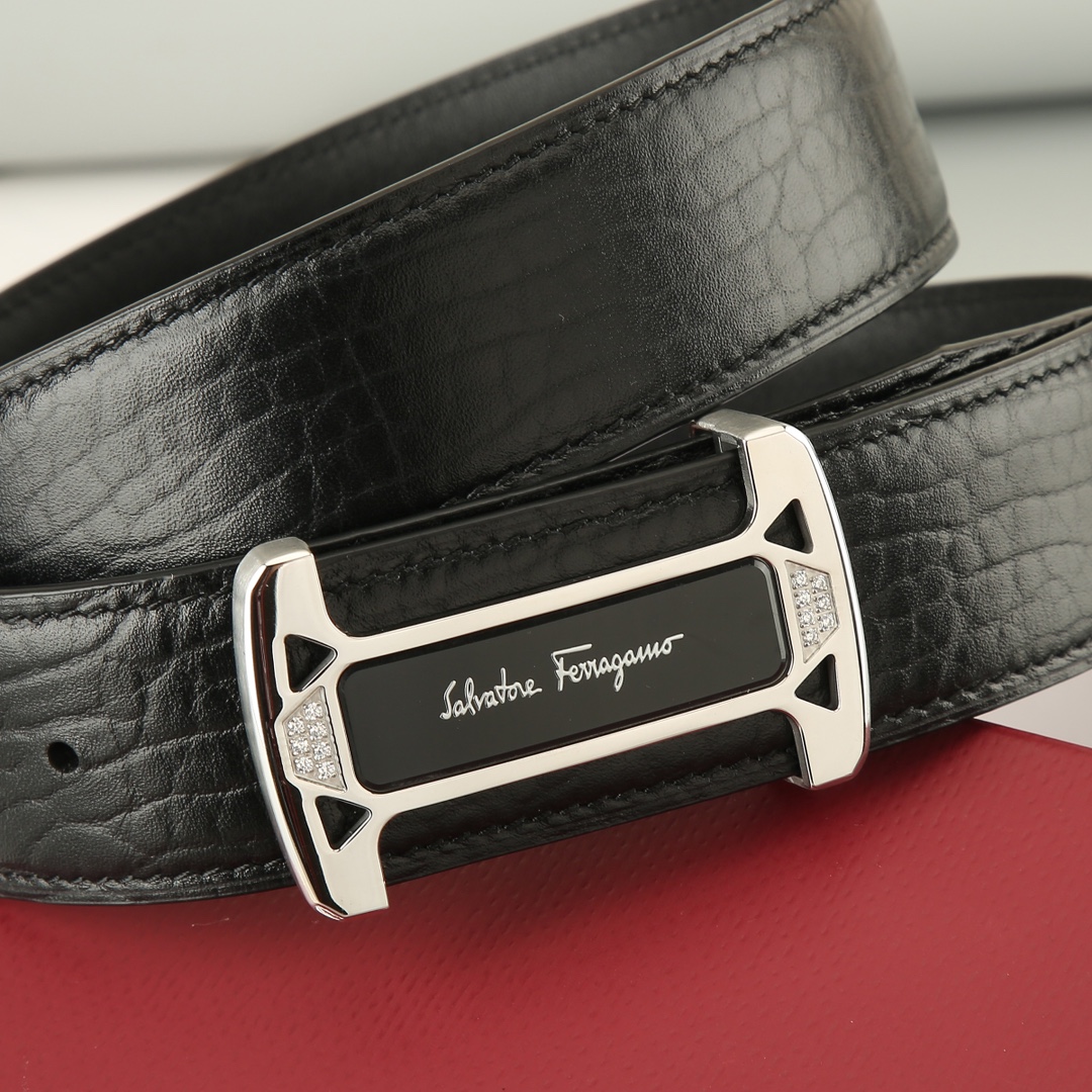 Ferragamo Men's Square Buckle With Crystal Belt In Black Calfskin With Gold/Silver Hardware 38mm