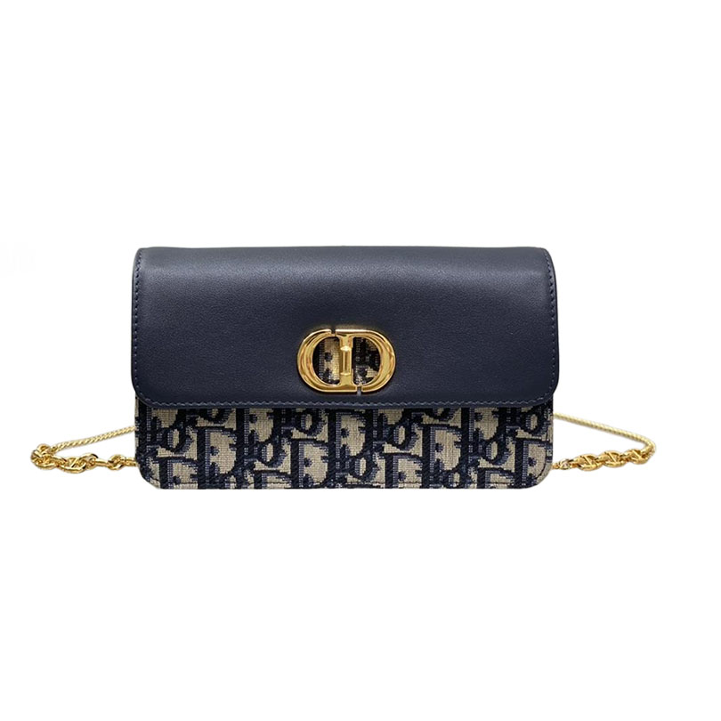 Dior Miss Caro Pouch with Chain In Blue Dior Oblique Jacquard and Smooth Calfskin Gold Hardware