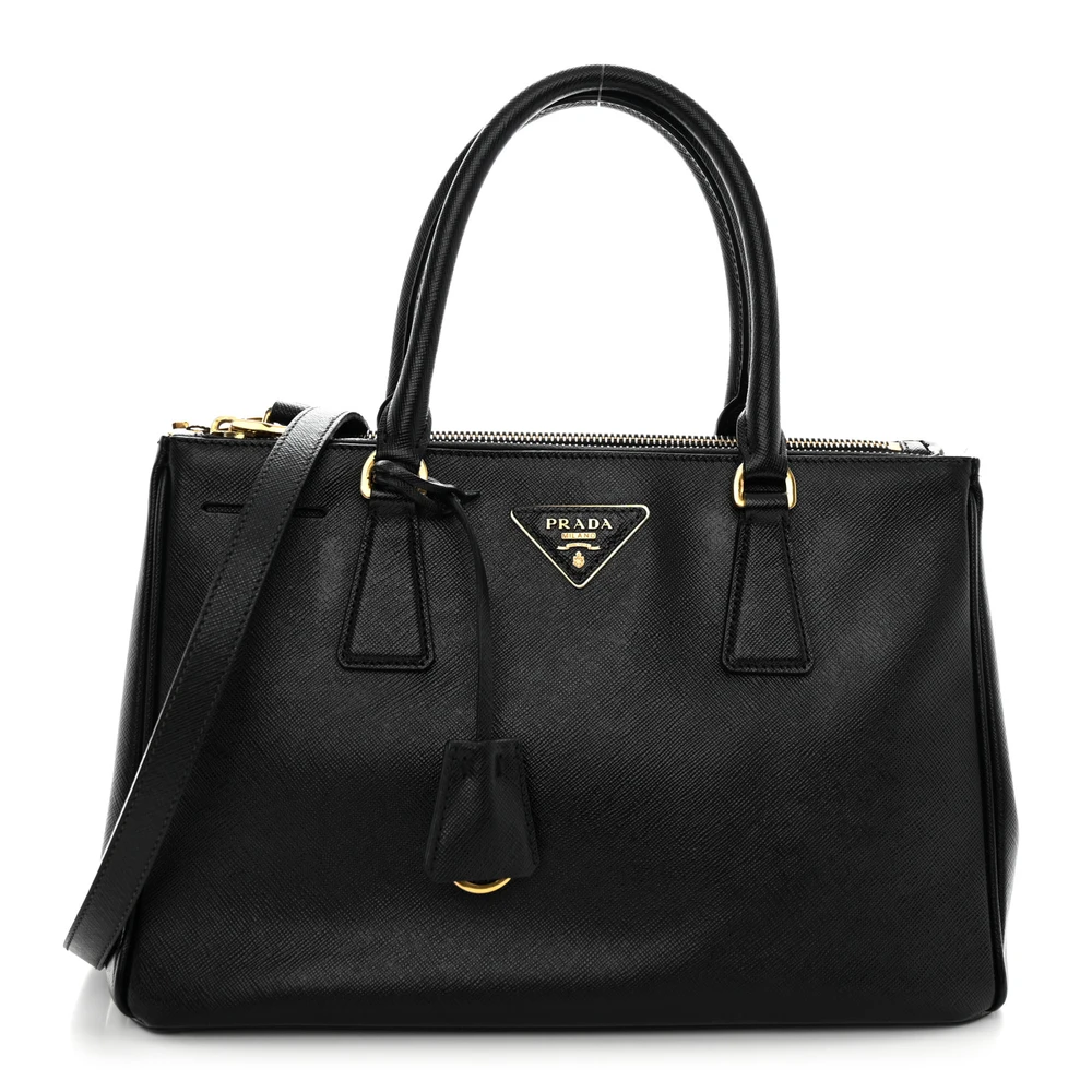 Prada Small Galleria Double Zip Tote Black Saffiano Leather Brass Hardware