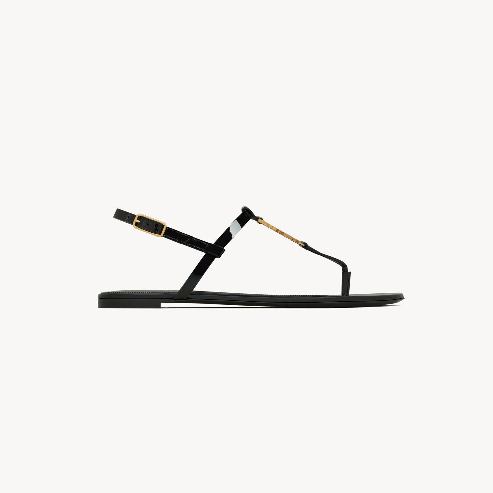 Yves Saint Laurent YSL logo patent leather black flat sandals