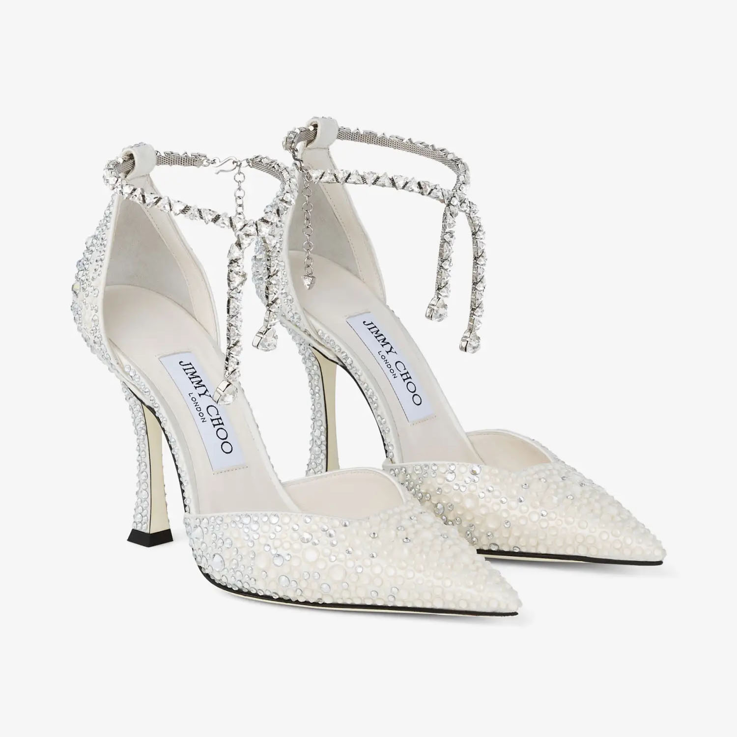 JIMMY CHOO Crystal decorated ivory white satin heels