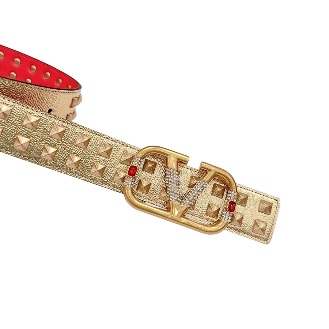 Valentino V Buckle Belt In Gold/Black Red/Black Calfskin With Gold Hardware And Rockstud 40mm