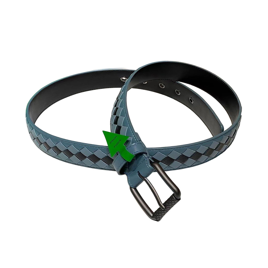 Bottega Veneta Men's Square Buckle Intrecciato Belt In Multicolor Calfskin With Silver/Matte Gun Black Hardware 35mm