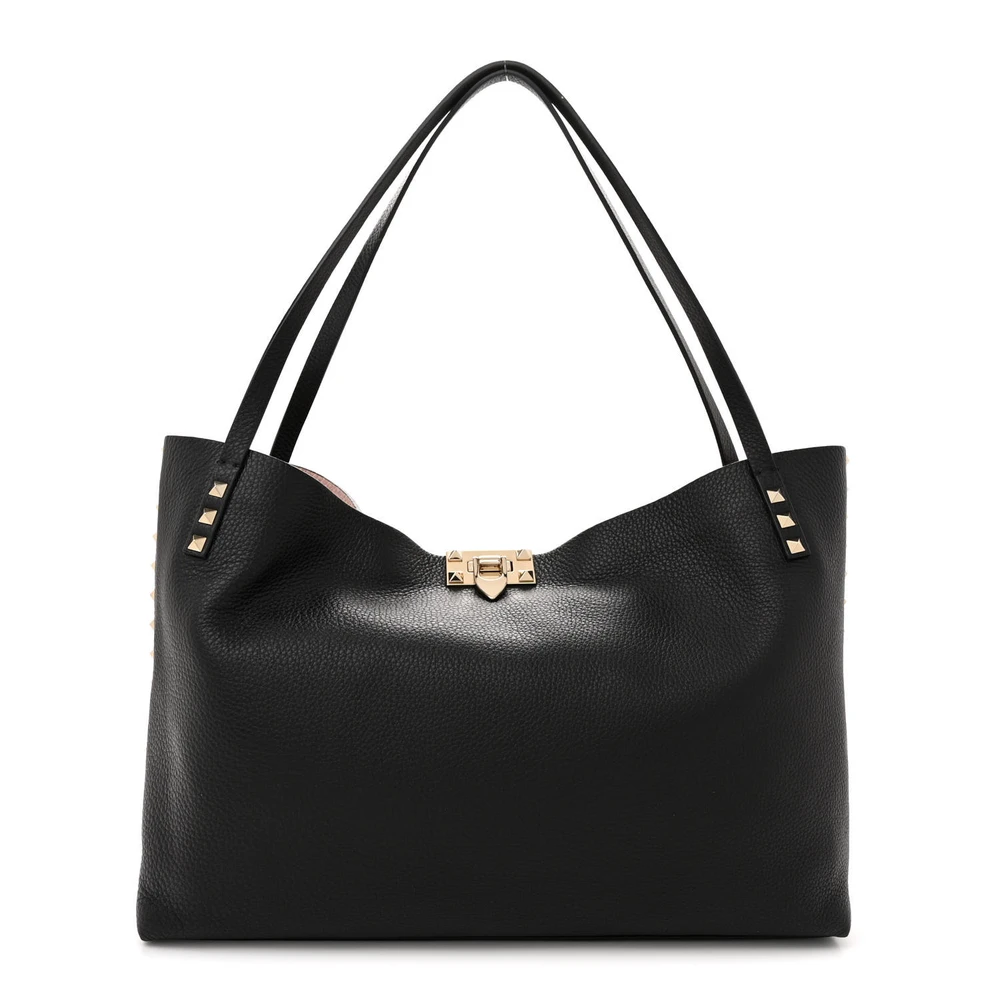 Valentino Garavani Medium Rockstud Tote Black/Rose Quartz Grainy Calfskin Leather Gold Hardware