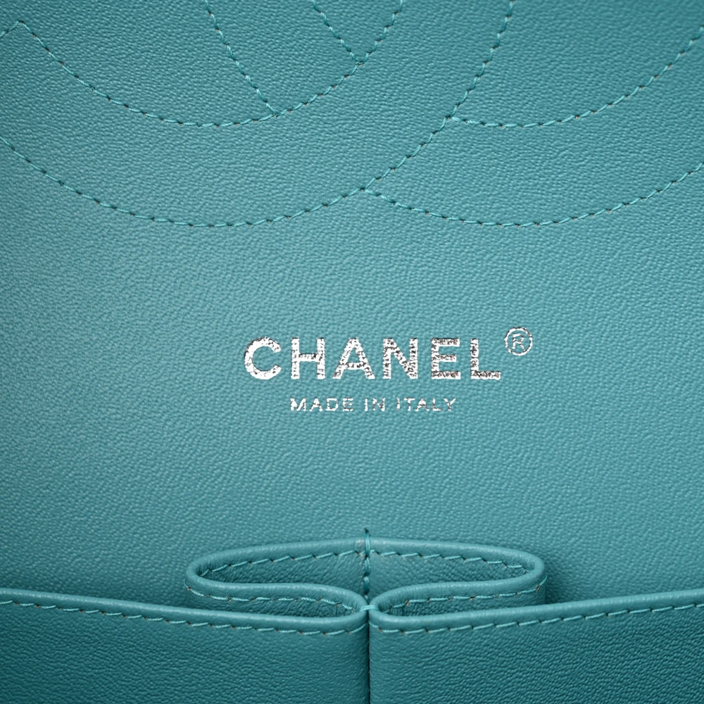 Chanel Double Flap Jumbo Turquoise Quilted Lambskin Leather Silver Hardware