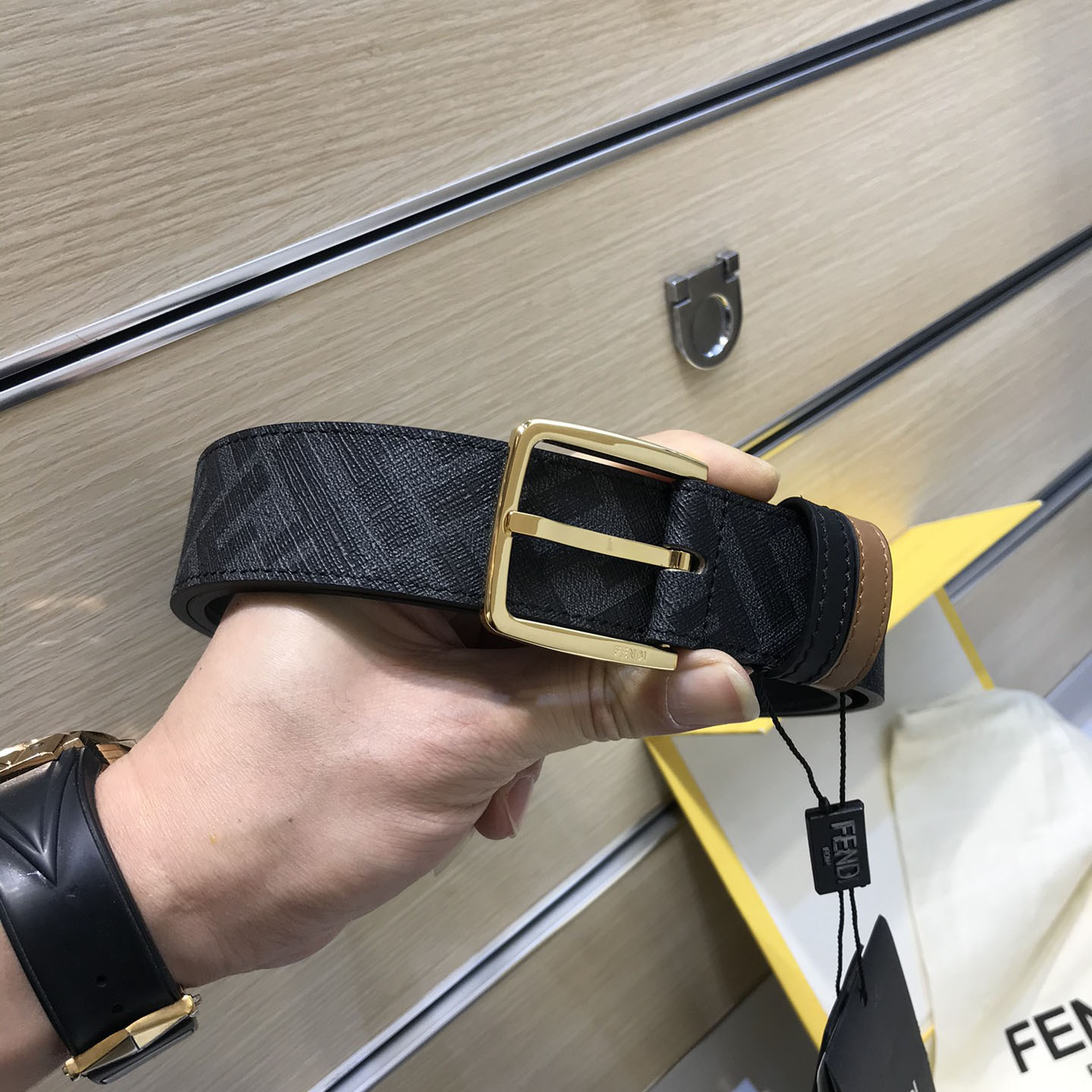 Fendi Men's Diagonal Belt In Black/Brown Calfskin And Monogram Canvas With Gold/Silver Hardware 35mm