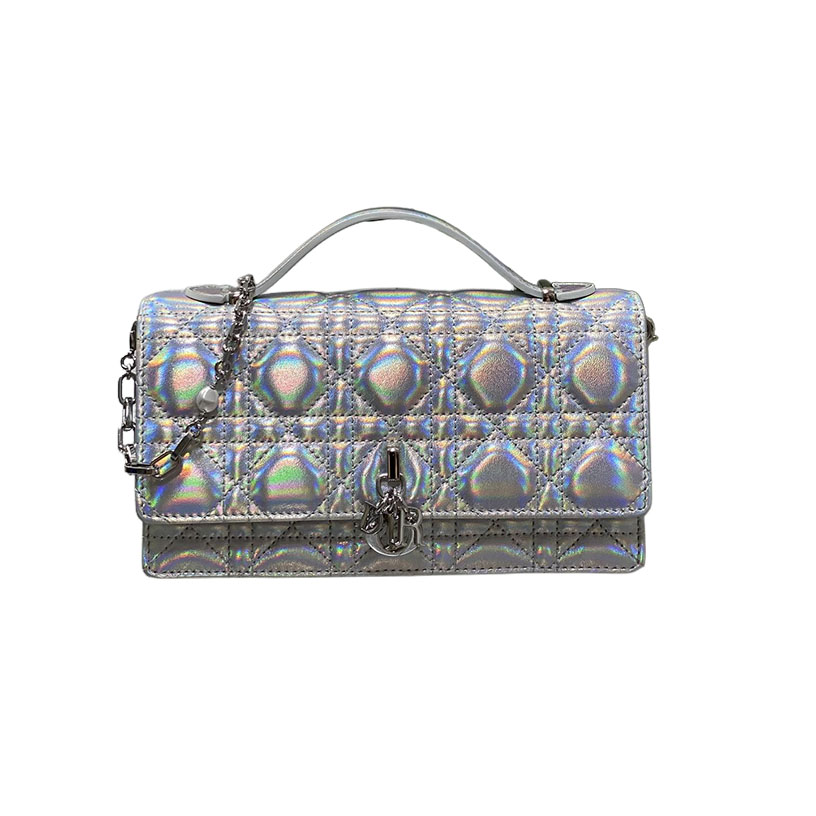 Dior My Dior Top Handle Bag With Chain And Pearl In Silver Cannage Lambskin With Silver Hardware