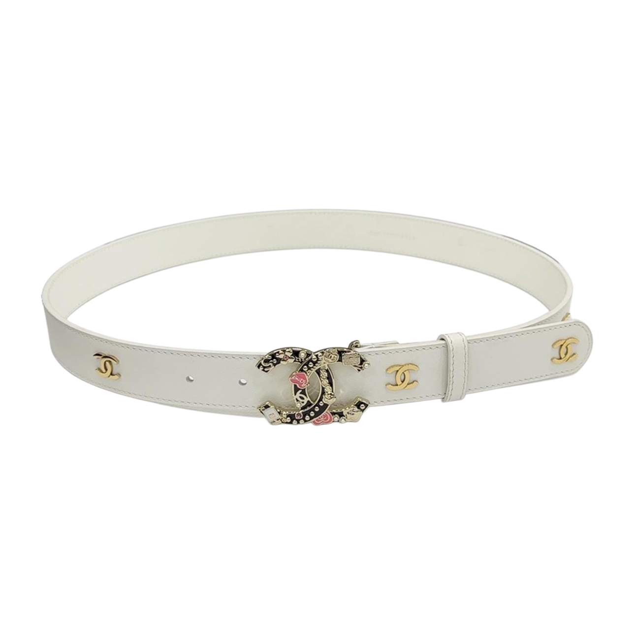 Chanel Women's Decorative CC Buckle Belt In White/Black/Red/Burgundy Calfskin With Gold Hardware 30mm