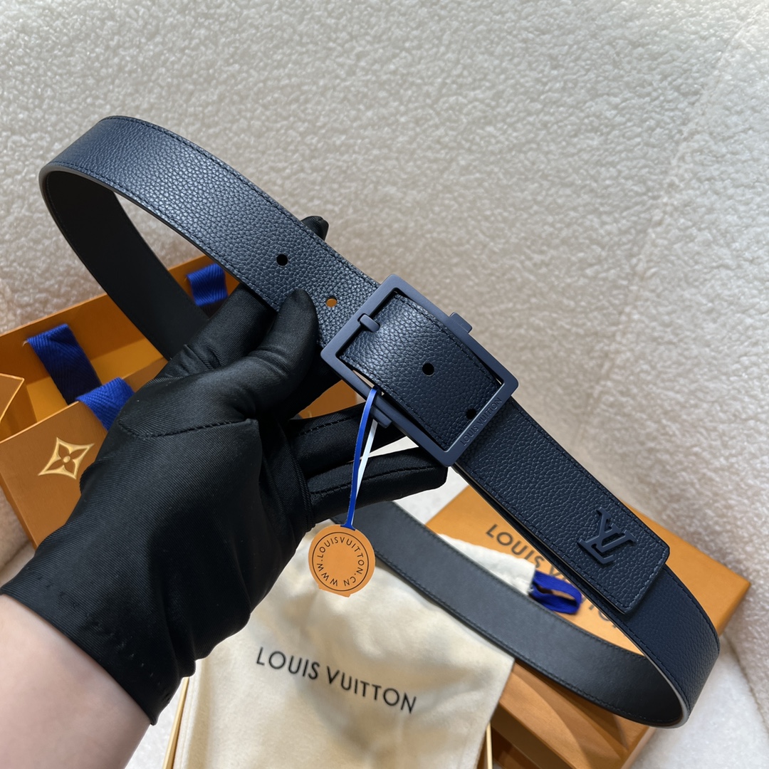 Louis Vuitton Men's Aerogram Belt In Blue Calfskin With Blue/Black/Silver Hardware 35mm